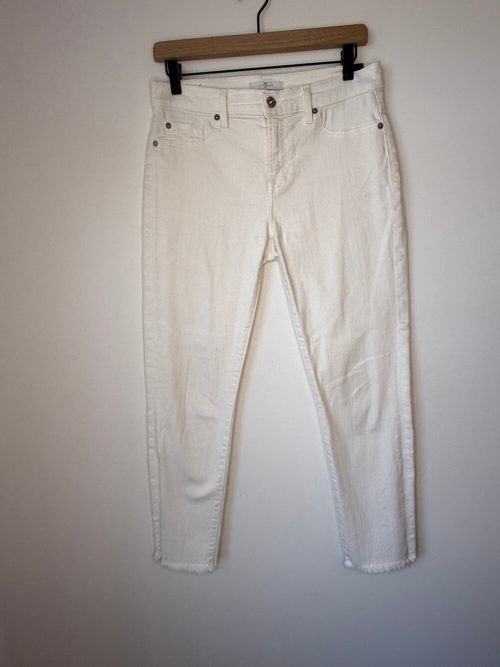 7 For All Mankind White High Rise Straight Ankle Jeans Raw Hem